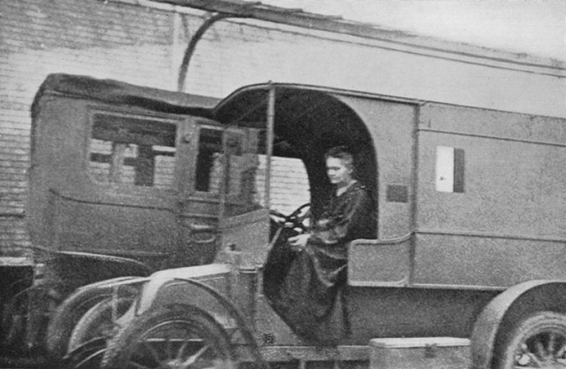 Marie Curie in a mobile X-Ray unit during world war I